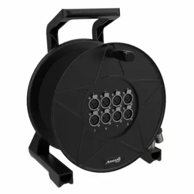 Carretel de cabo preto com conectores de áudio XLR