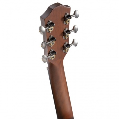 Parte superior do braço de guitarra acústica em madeira castanha com cravelhas prateadas