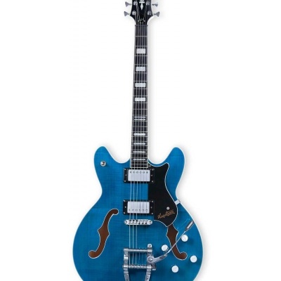 Guitarra elétrica semi-acústica azul com detalhes em preto e branco