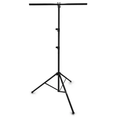 Suporte de metal preto ajustável com três pernas e barra horizontal