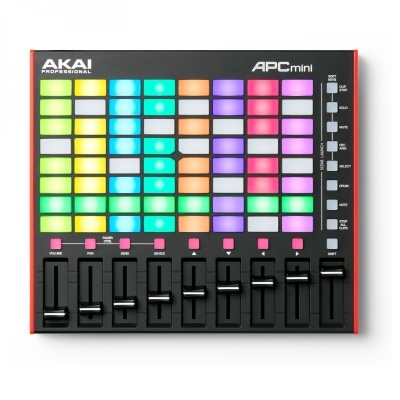 Controlador MIDI AKAI APC mini com botões coloridos e faders pretos