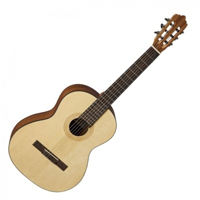 Guitarra clássica de madeira clara e escura com 6 cordas