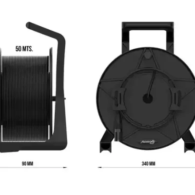 Bobina preta 50 metros com estrutura e pega em fundo branco
