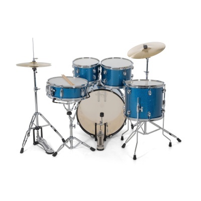Conjunto de bateria acústica azul metálico com pratos dourados