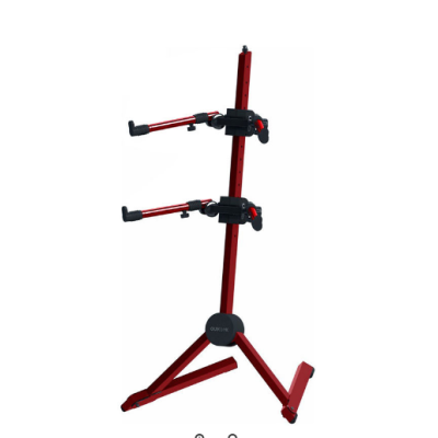 Suporte vermelho para bicicleta com duas braçadeiras acolchoadas e base tripé