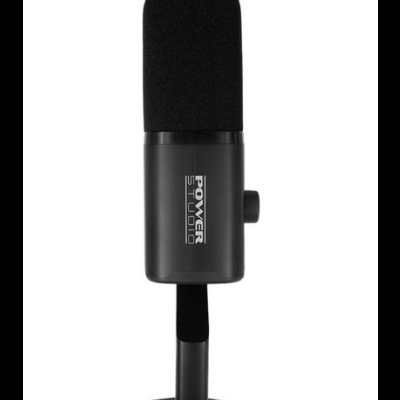 Microfone de mesa preto com proteção de espuma e base circular