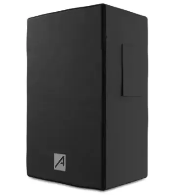 Capa ou bolsa preta retangular com bolso lateral e etiqueta cinzenta com símbolo A