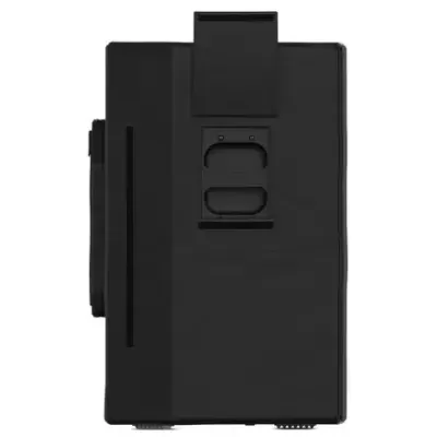 Dispositivo eletrónico preto com alças e texto SPEAKER NOT INCLUDED