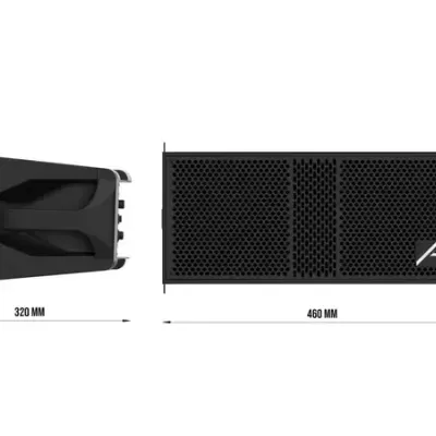 Colunas de som pretas com grelha metálica e dimensões indicadas