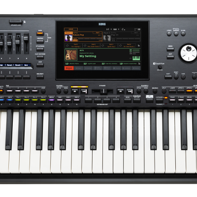 Teclado musical preto com 61 teclas e display digital central