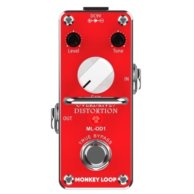 Pedal de guitarra elétrica vermelho com botões pretos e texto branco