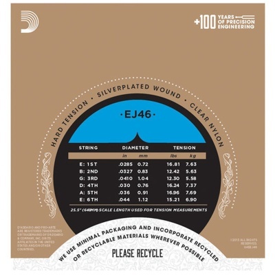 Embalagem de cordas para guitarra modelo EJ46 com detalhes técnicos e fundo castanho e azul