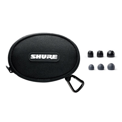 Estojo preto oval com logótipo SHURE e três pares de pontas de auscultadores de silicone negro e cinzento