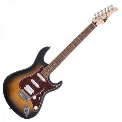 Guitarra elétrica sunburst com captadores brancos e pickguard vermelho marmoreado