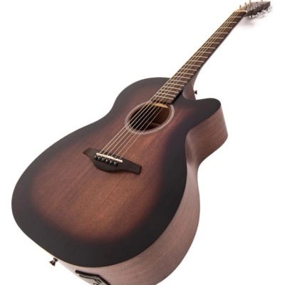 Guitarra acústica castanha com corte no corpo e seis cordas