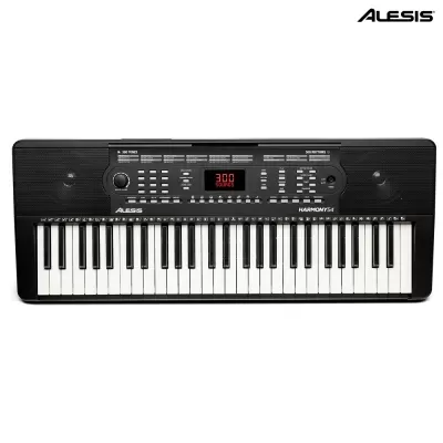 Teclado musical preto Alesis HARMONY 61 com 61 teclas e painel de controlo digital.
