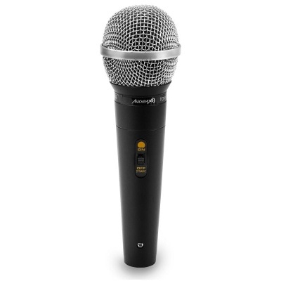 Microfone preto com cabeça em malha metálica prateada sobre fundo branco