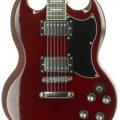 Guitarra elétrica vermelha com duas captadores humbucker e quatro botões de controlo