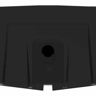 Dispositivo eletrônico preto visto por trás com abertura circular central