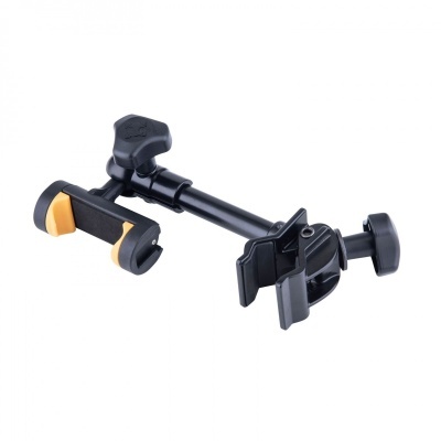 Suporte ajustável para telemóvel em plástico preto e amarelo com braço articulado.