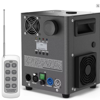 Unidade preta com ventoinhas, ecrã digital e comando remoto branco com botões