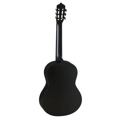 Violão acústico preto visto de costas, madeira, fundo branco