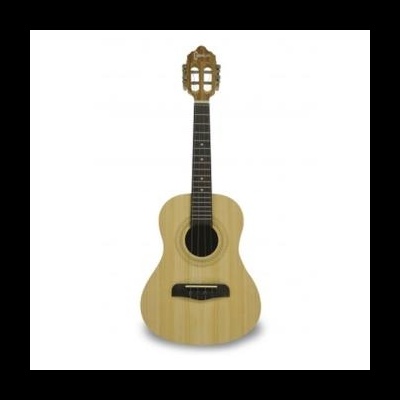 Guitarra acústica de madeira clara com braço preto e seis cordas