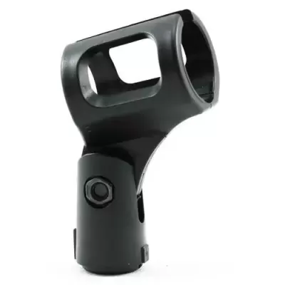 Microfone de mão preto com suporte em plástico e metal