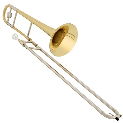 Trombón metálico em acabamento dourado e prata