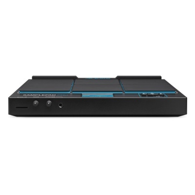 Controlador MIDI preto com botões e áreas sensíveis ao toque azuis