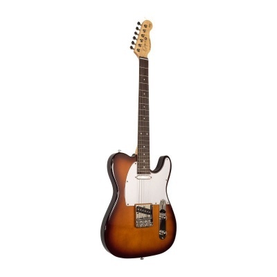 Guitarra elétrica sunburst com escudo branco e braço em madeira clara