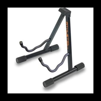 Suporte para guitarra preto com apoios de borracha e texto laranja ATTITUDE