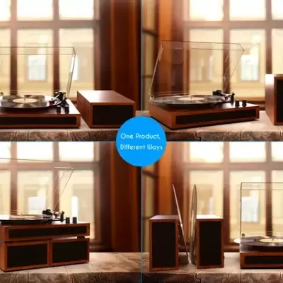 Gira-discos de madeira com altifalantes e tampa transparente em diversas posições