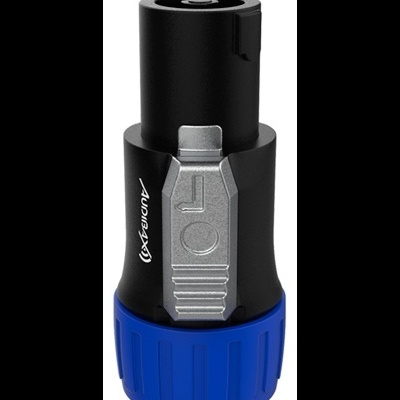 Conector elétrico preto e azul com clip metálico prateado