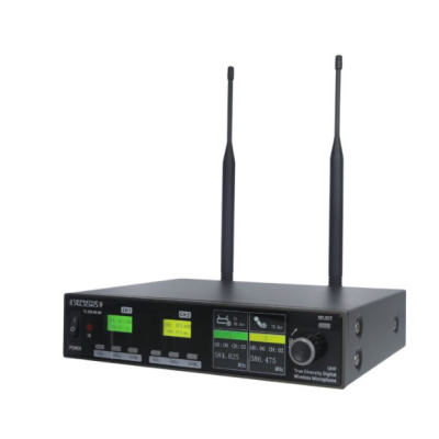 Receptor de microfone sem fios preto com ecrã digital e duas antenas verticais