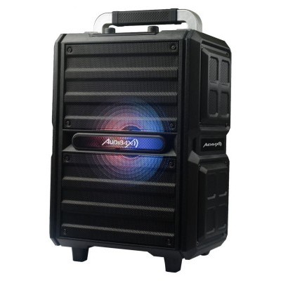 Coluna portátil preta com punho e luz azul circular com texto Aorus X1