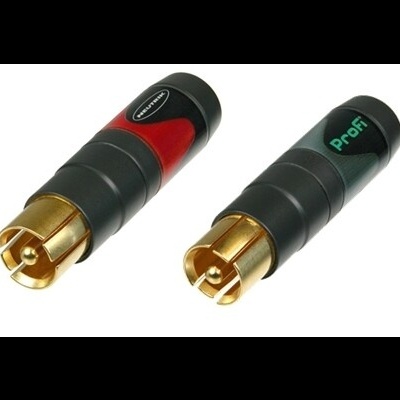Dois conectores RCA preto com pinos dourados e texto ProFi num fundo branco