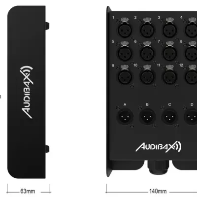 Multiplicador de áudio Audibax preto com várias conexões XLR