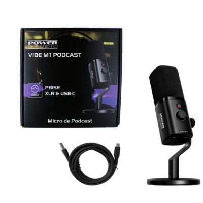 Microfone preto Power Studio VIBE M1 com suporte e cabo USB-C junto a caixa