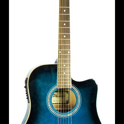 Guitarra acústica azul escuro com acabamento em madeira brilhante