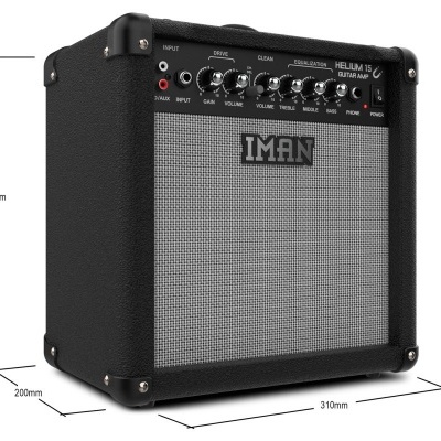 Amplificador de guitarra IMAN preto com frente cinza e controlos no topo