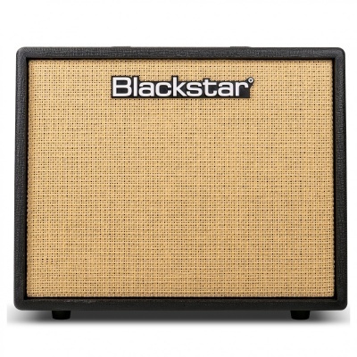 Coluna de amplificador musical Blackstar preta com tecido bege e logótipo