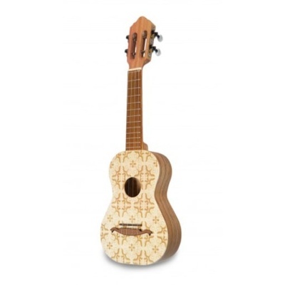 Cavaquinho de madeira clara com padrão decorativo e cordas