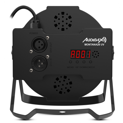 Projetor de luz LED preto Audibax Montarams UV com visor digital vermelho e conectores XLR
