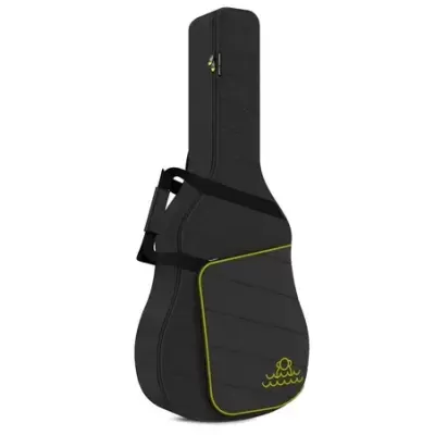 Estojo preto acolchoado para guitarra com bolso frontal e detalhes amarelos