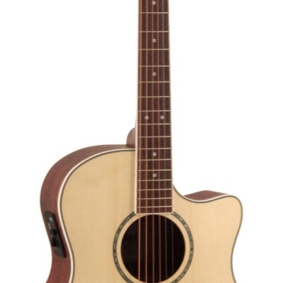 Guitarra acústica Cort cor clara com braço escuro e texto Cort no cabeçote