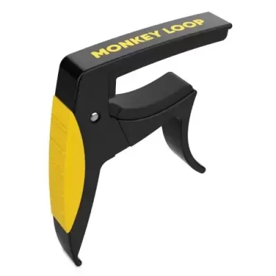Capotraste de guitarra preto e amarelo com texto MONKEY LOOP