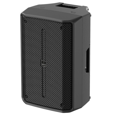 Coluna de som preta com grelha frontal em padrão de rede hexagonal e etiqueta IHOS