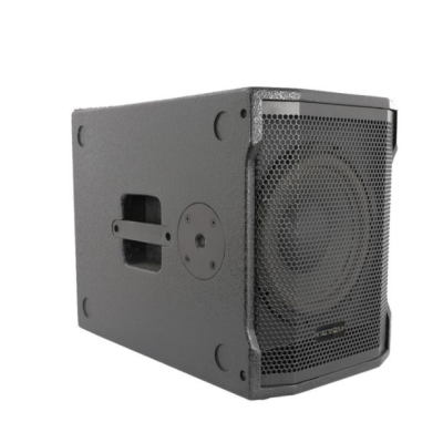 Caixa de som preta com grelha metálica e puxador lateral