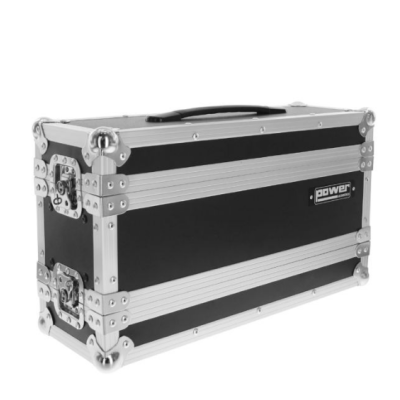 Mala rígida preta com molduras metálicas prateadas e fechos de segurança